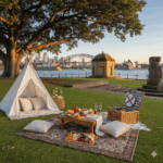 A luxury Graze and Gaze picnic set up in one of the best picnic spots in Sydney, with a grazing platter and teepee overlooking the Sydney Harbour Bridge and Opera House at sunset.