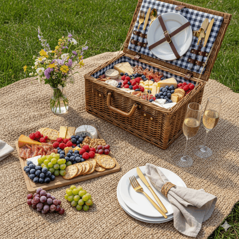Picnic basket open on a blanket with charcuterie board of cheeses, meats, fruits, crackers, two champagne glasses, wildflowers in vase, and place setting in grassy outdoor setting.