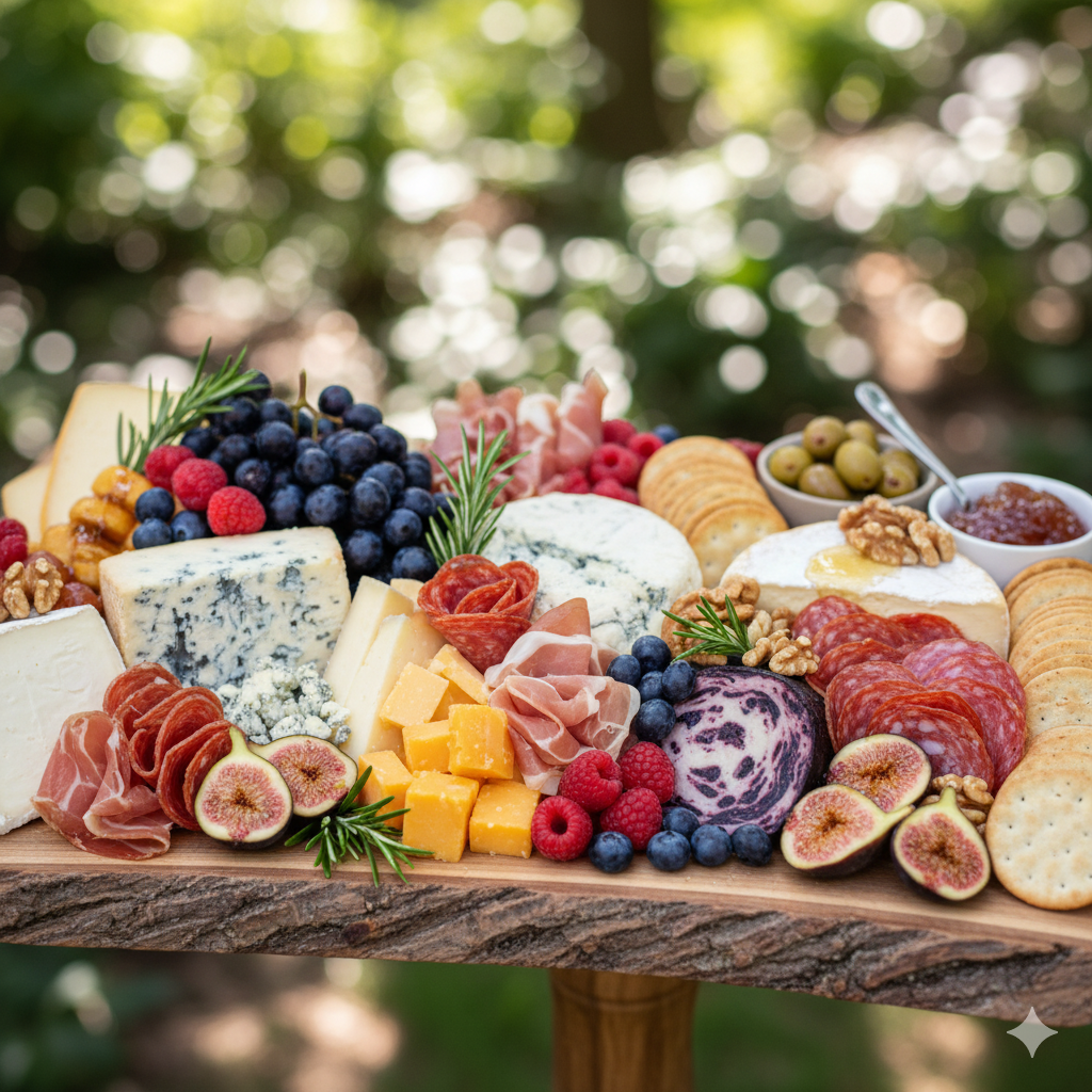 A mouth-watering, artfully arranged close-up of one of your signature grazing platters, highlighting the quality of ingredients (cheeses, fruits, charcuterie).