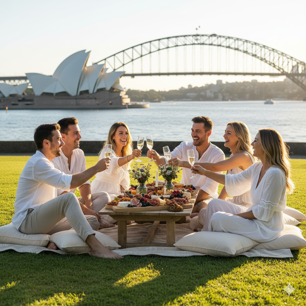 A happy group enjoying a Graze and Gaze picnic, looking towards the harbour or interacting joyfully, conveying the core emotional benefit of your service. It should be aspirational.