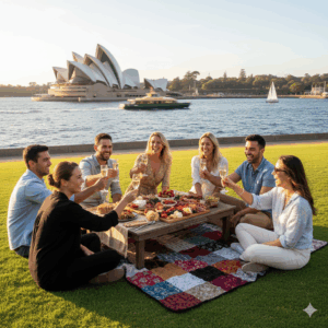 A lively shot of a group picnic, showing the Opera House nearby and perhaps some harbour activity in the distance.