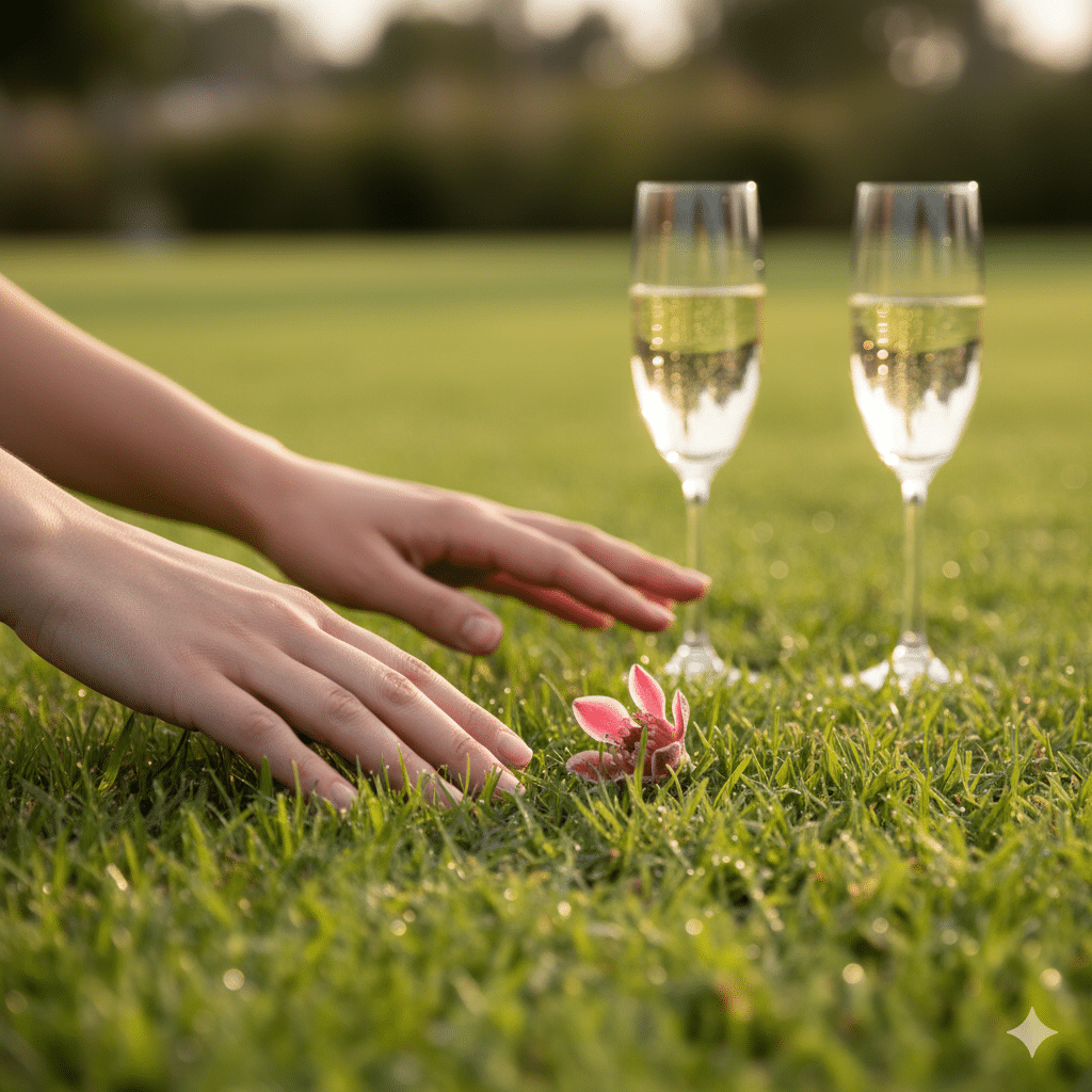 A close-up or mid-shot of hands gently touching lush green grass, perhaps with a vibrant flower or the subtle sparkle of champagne glasses in the background, to evoke the sensory experience.