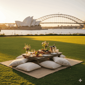 A stunning sunset shot of a picnic setup with the Opera House and Harbour Bridge bathed in golden light.