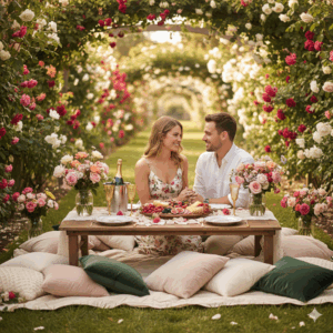 An intimate, romantic setup amidst abundant blooming roses, perhaps with dappled sunlight.