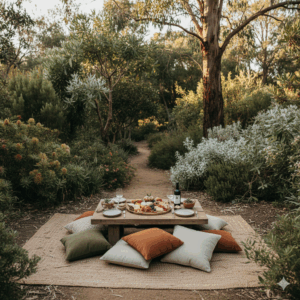 A more rustic, secluded setup surrounded by unique Australian plants, conveying peace and privacy.