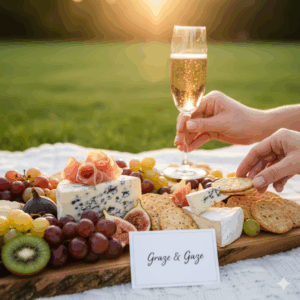 A close-up of a gourmet Graze & Gaze grazing platter, loaded with artisan cheeses, charcuterie, fresh fruits, nuts, and crackers.