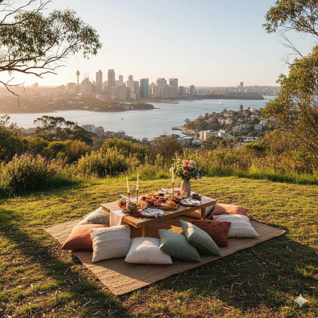 A tranquil photo of a Graze & Gaze luxury picnic setup at Balls Head Reserve.