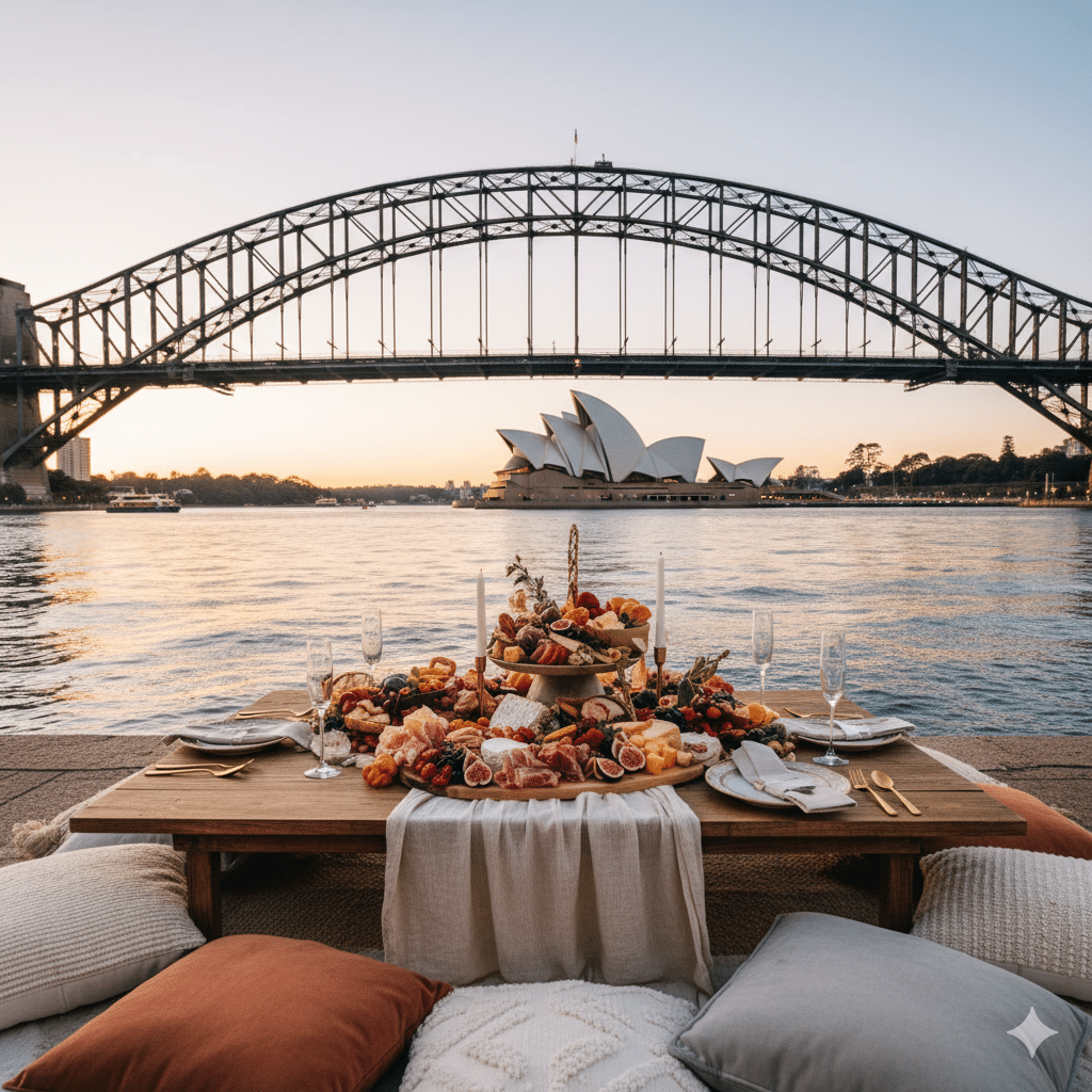 A dynamic, head-on photo of a Graze & Gaze luxury picnic setup at Blues Point Reserve.