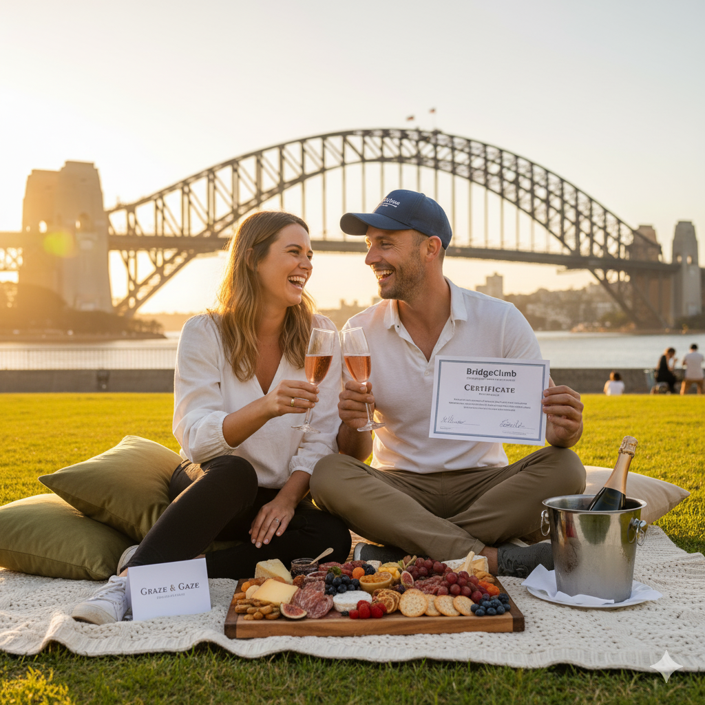 A couple celebrates their Bridge Climb with a luxury Graze & Gaze picnic, toasting with champagne in front of the Sydney Harbour Bridge.