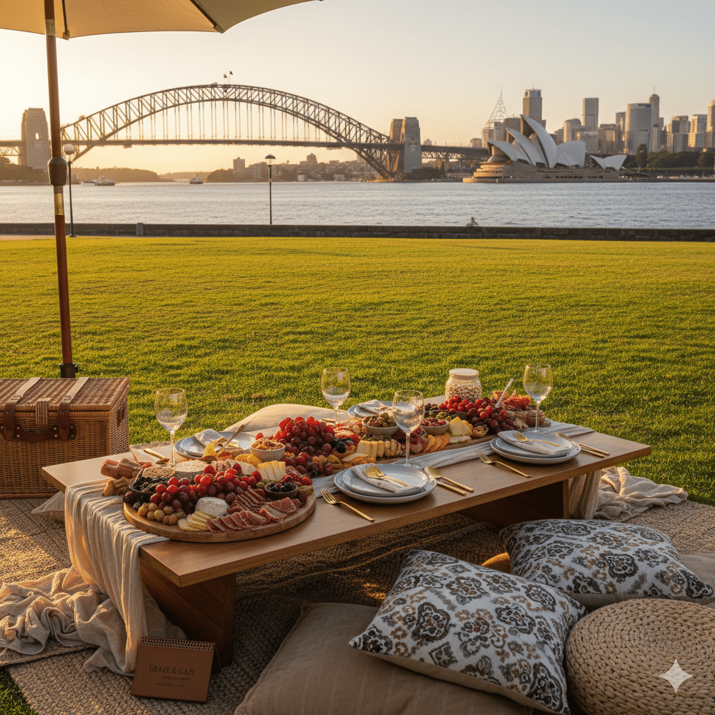 A stunning, high-quality photo of a Graze & Gaze picnic setup at Cremorne Point, capturing the ultimate panoramic vista.