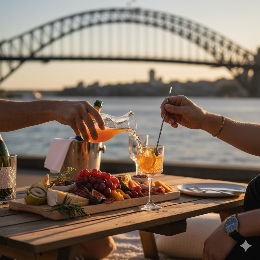 two people, softly backlit by a vibrant golden sunset, seated at a low picnic table