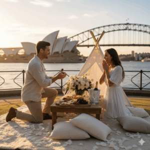 This image focuses on a very intimate, high-stakes couple's moment, perhaps a proposal or anniversary, emphasizing the tailored romance.