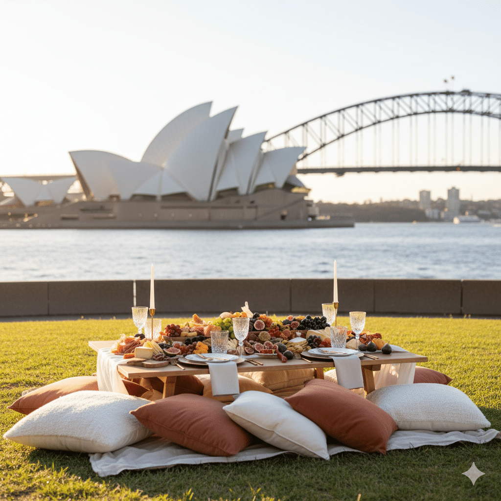 A classic, postcard-perfect photo of a Graze & Gaze luxury picnic setup in Kirribilli