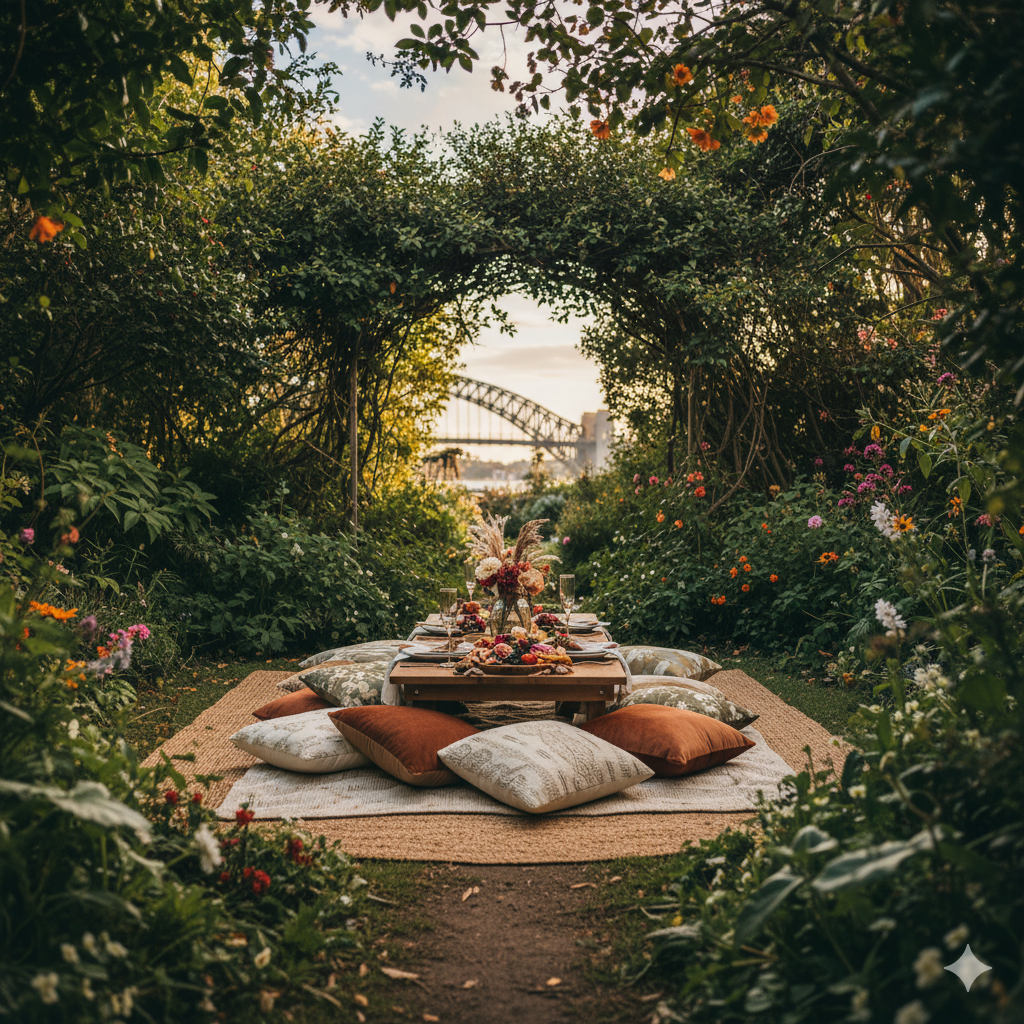 A beautiful photo of an intimate Graze & Gaze picnic setup nestled within Wendy Whiteley's Secret Garden