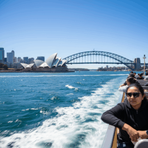 A photo taken from a ferry deck looking towards Circular Quay, capturing the Opera House and Harbour Bridge together with water movement in the foreground.