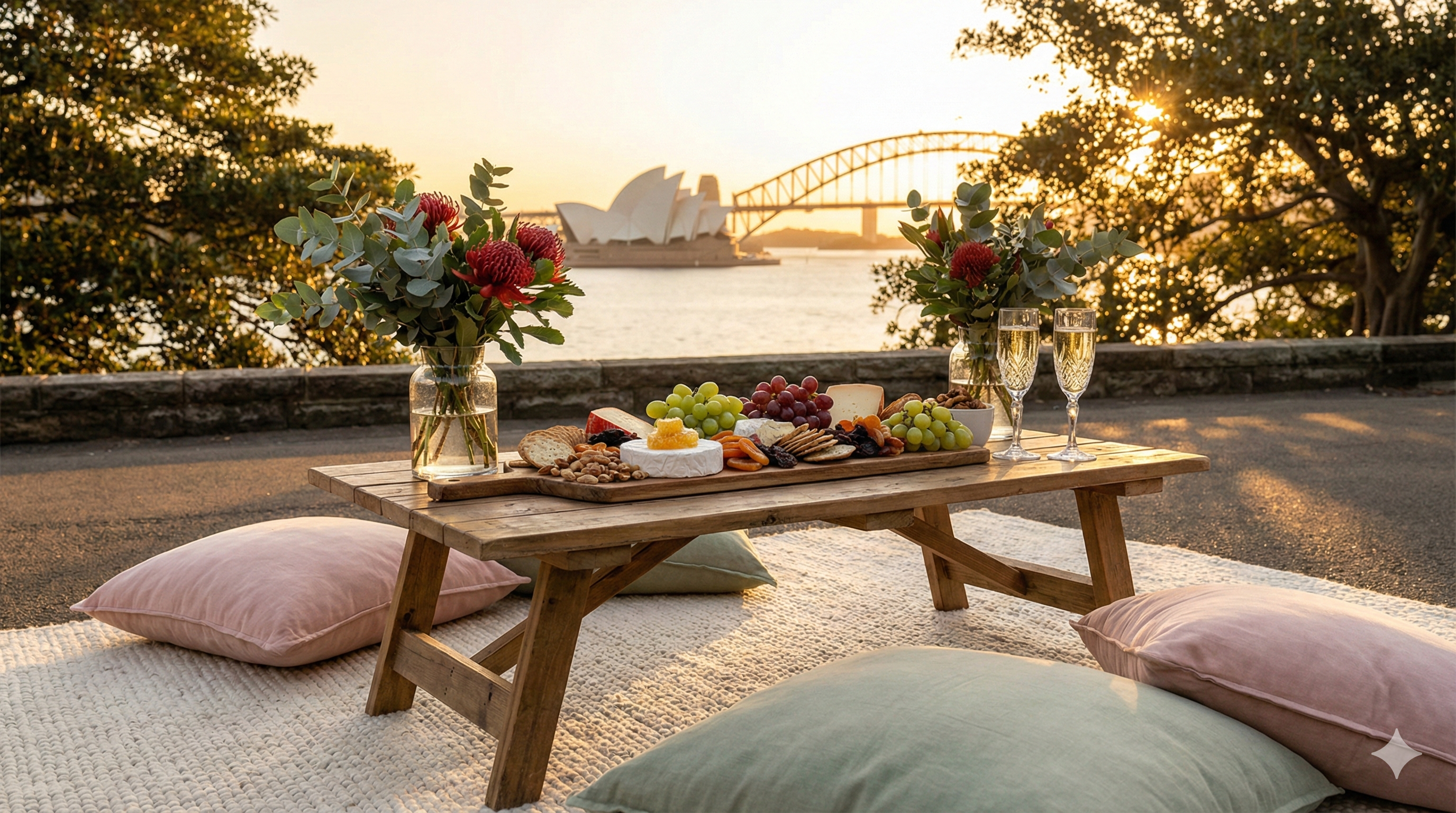Luxury picnic setup Sydney Harbour Mrs Macquaries Chair sunset Graze and Gaze
