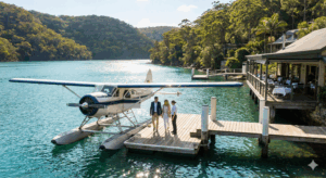 A shot of the seaplane docked at the Cottage Point Inn pontoon