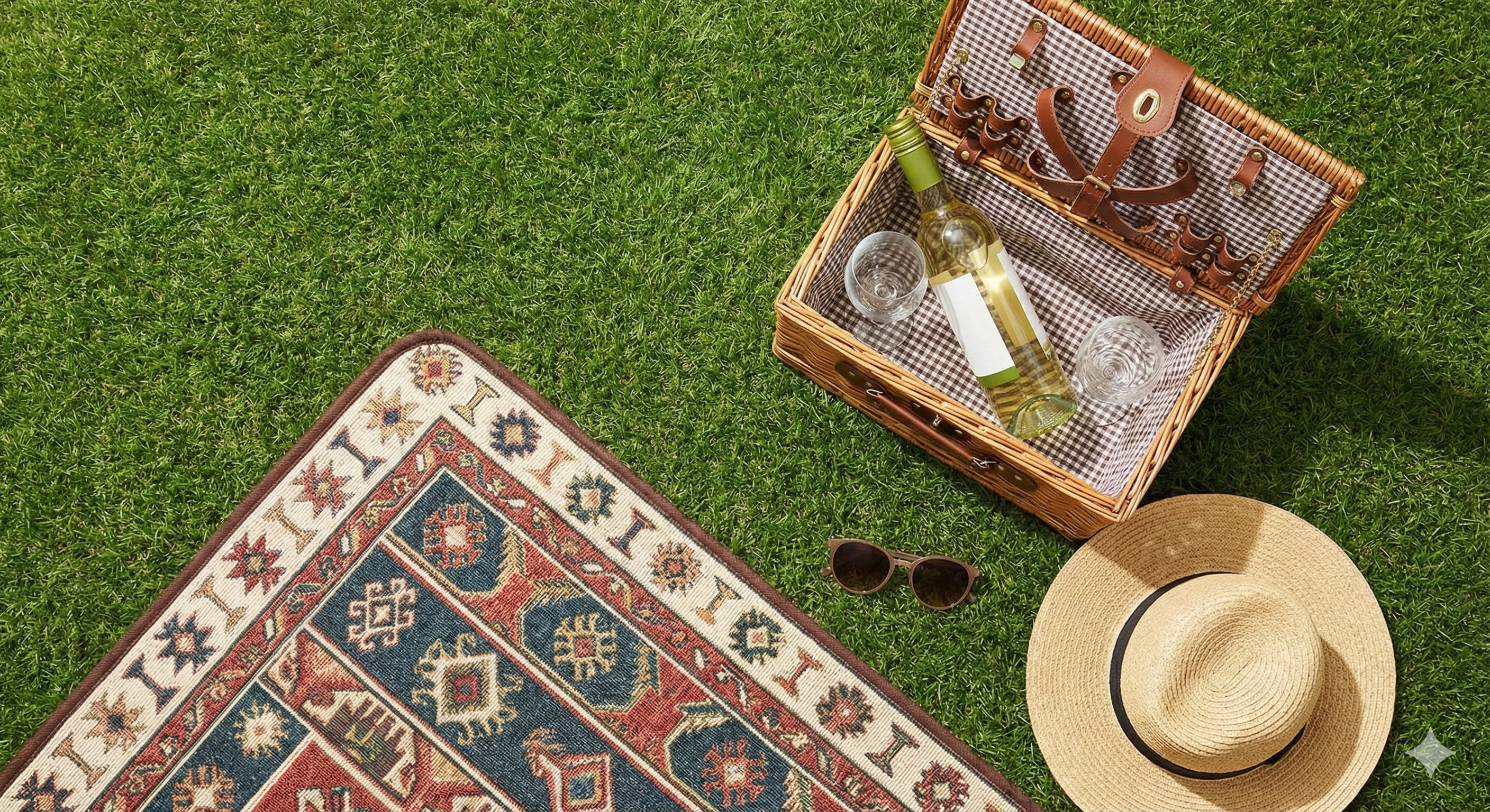 Picnic essentials flatlay including wicker basket, wine, and sunglasses on a rug