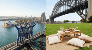 A split image of a shot from the summit of the Bridge looking down at the harbour and the specific "Climb, Graze & Gaze" picnic setup with the bridge in the background